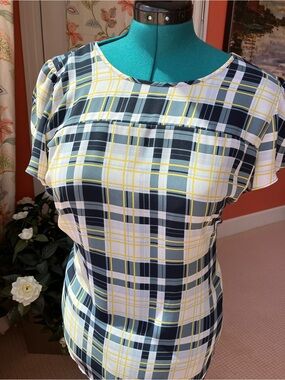 LOFT Yellow, Black and White Plaid Short Sleeve Blouse XL